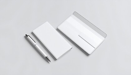 White Boarding Pass Holder And Pen On Gray Background Top View Isolated Background