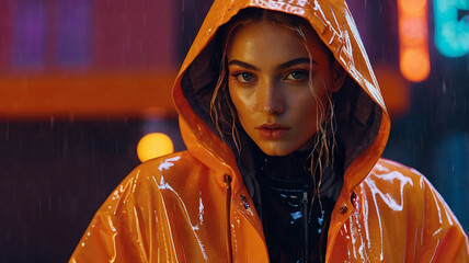 Stylish Young Woman in Clear Raincoat Under Neon Lights on Orange Backdrop, Cyberpunk Fashion Vibes.