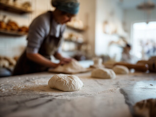 Baker in background shaping dough out of focus highlighting artisanal craft process bakery photography guide