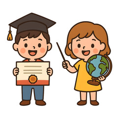 Cute Clip Art Collection, Happy children celebrating graduation with certificate and globe, representing education, achievement, knowledge, and global awareness in colorful illustration