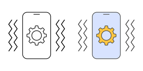 Vibration notification settings icon with phone, vibration lines, and gear symbol, ideal for silent alert customization, accessibility preferences, and assistive notification tools.