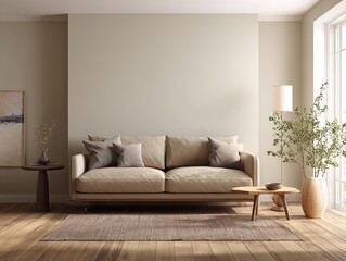 Fototapeta premium Beige living room with sofa and minimalist decor