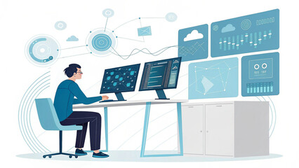 Person working on computers with complex data visualizations and network diagrams