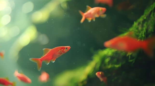 Vibrant red fish swim gracefully in a lush green aquarium environment