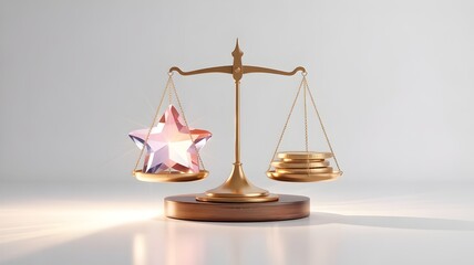 Balance Scale with Crystal Star and Gold Coins Representing Value vs Worth