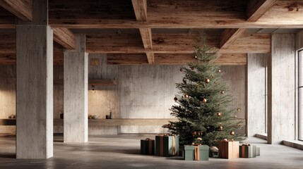 Obraz premium Forest Green and Copper Holiday Decor in Industrial Loft – Concrete Interior, Wood Elements, and Soft Winter Light With Gift Boxes