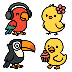 Obraz premium Cute Clip Art Collection, Printable Vector Clip Art Set, Colorful Cartoon Birds in Headphones, Cute Chick with Flower, Happy Duckling with Cupcake, and Playful Toucan Illustrations