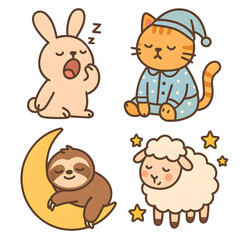 Obraz premium Cute Clip Art Collection, Printable Vector Clip Art Set, Cute and Cozy Animal Illustrations Featuring Sleepy Bunny, Relaxed Cat, Sleepy Sloth, and Dreamy Sheep for Sweet Dreams