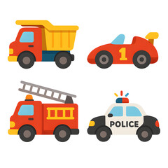 Naklejka premium Cute Clip Art Collection, Printable Vector Clip Art Set, Colorful Illustrations of Various Fun Vehicles Including Fire Truck, Racing Car, Police Car, and Dump Truck for Children’s Educational Material