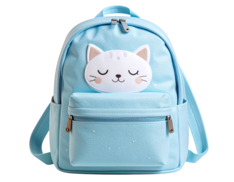 Pastel Blue Animal-Inspired School Bag with Sleepy Kitty Motif and Rounded Silhouette – Transparent PNG