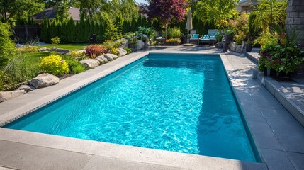 Fototapeta premium Beautiful backyard pool surrounded by lush greenery and vibrant flowers, perfect for relaxation.
