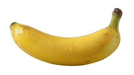 Ripe yellow banana with stem, droplets, on black backdrop