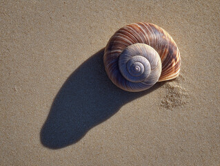 Spiral Shell on Sandy Beach: Sunlit Seashell Casting Golden Shadows Inspire Coastal Adventure Photography Dreams