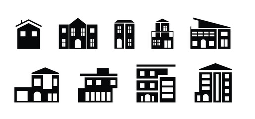 Modern and Minimalist Building Icons Set – Black Silhouettes of Various Urban House and Apartment Styles, Residential Real Estate and Architecture Pictograms for Web, App, or Infographic Use © M_15Roy