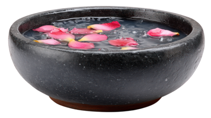 Rose petals float in a dark stone bowl of water