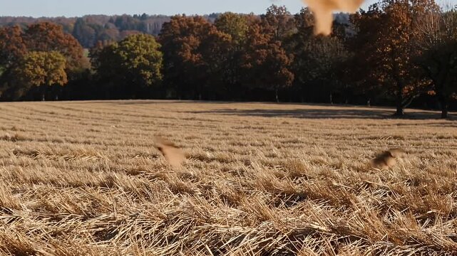 dried oak leaves fall across a sunlit yellow field covered with golden straw following the wheat harvest creating a rustic scene symbolic of agricultural transitions during a peaceful autumn day
