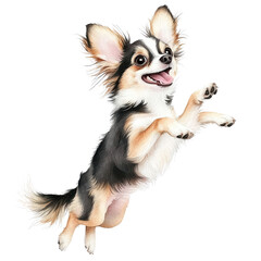 Obraz premium Playful small dog jumping mid-air with cheerful expression and fluffy fur on white background