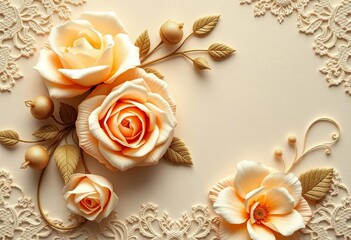 Fototapeta premium Elegant champagne rose & lace motif Vintage floral wedding design, background, art