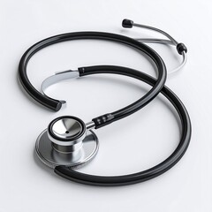 Coiled Black Stethoscope with Silver Accents Isolated on White Background for Medical Examination Isolated Background
