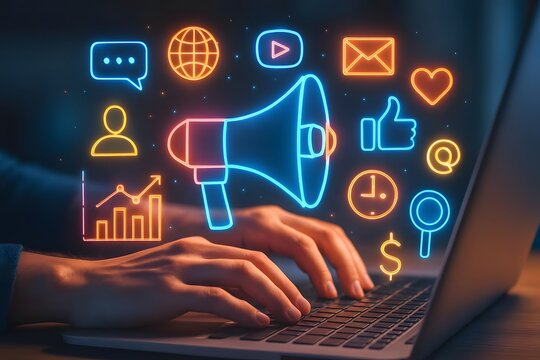 Hands typing on laptop with glowing digital marketing icons and symbols