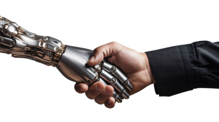 A handshake between a human and robot symbolizes the future of technology and collaboration on a dark, contrasting background.