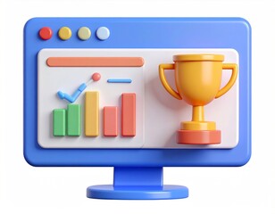 Colorful 3D Render of a Computer Screen Displaying Trophy and Leaderboard Graphics for Business Gamification Isolated Background