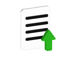 Simple 3D document icon with a green arrow rising. Document upload concept. Transparent background, PNG format.