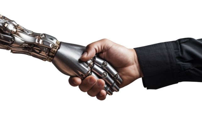 A handshake between a human and robot symbolizes the future of technology and collaboration on a dark, contrasting background.