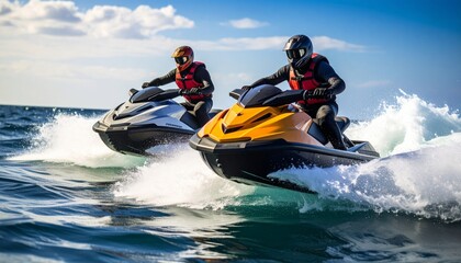 Ultra HD image of two jet skis racing side by side in the open sea, splashing water and creating trails, with no land in sight, just ocean and sky