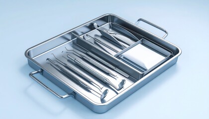 Detailed 3D Render of ENT Surgical Instruments Arranged in a Stainless Steel Tray Isolated Background