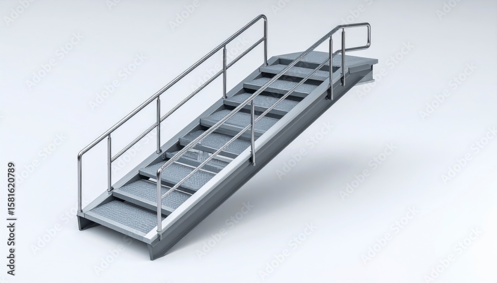 Fototapete detailed 3d rendering of a silver metal wheelchair ramp with rails in elevated perspective isolated 