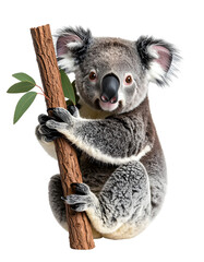 Obraz premium Adorable Koala Climbing Tree Branch with Green Leaves in Australia