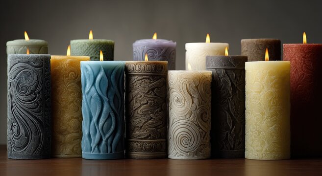 Many cylindrical candles in various colors and decorative patterns, lit