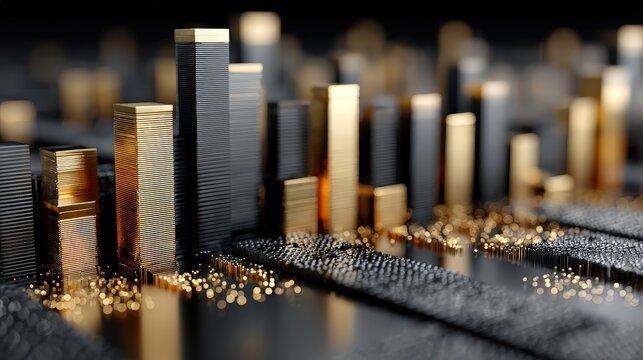 Golden and black vertical bars on textured surface, abstract data visualization.