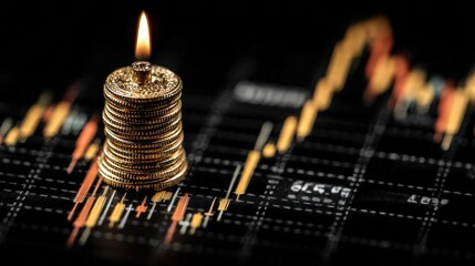 Gold coins stack with burning coin-candle, stock market analysis.