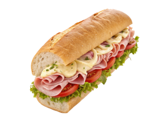 Footlong ham & swiss submarine sandwich isolated on white background