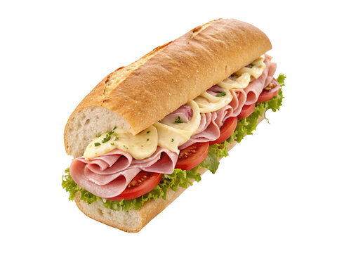 Footlong ham & swiss submarine sandwich isolated on white background