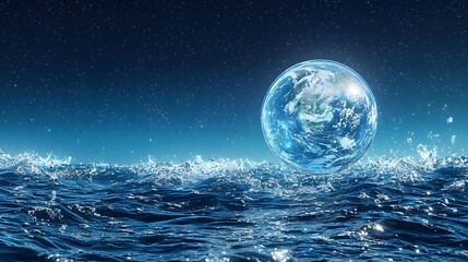 Obraz premium Ethereal Earth encased in a protective water bubble floating in the vastness of space