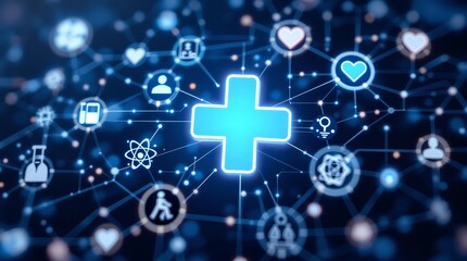 A glowing blue plus sign surrounded by health related icons connected by lines on a dark blue background