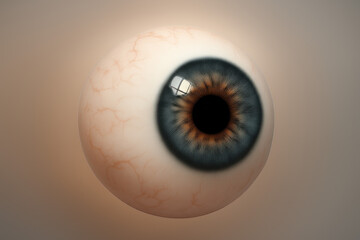 Human eyeball with blue iris and visible veins on neutral background
