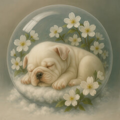 White bulldog sharpei puppy sleeping inside a transparent bubble surrounded by white flowers and soft light
