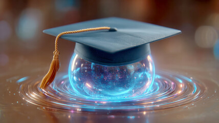 Graduation cap on glowing sphere with swirling light effect