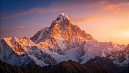 Majestic mountain peak illuminated by sunset glow against a clear sky.