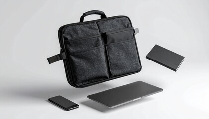 Floating Black Laptop Sleeve Mockup With Dual Compartments Soft Microfiber Texture And Floating Devices Isolated Background