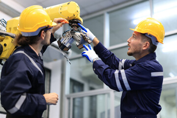 Team of engineers at conference project meeting room, discuss and inspect robot AI mechanism, find...