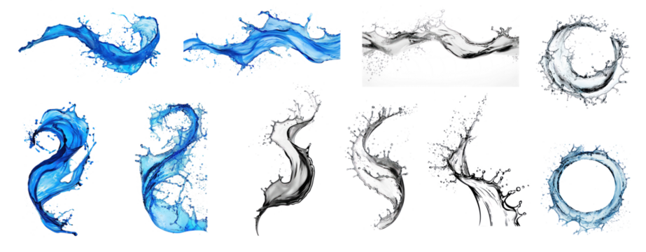 Collection of a blue splash of water on a curve shape bold lines stunning isolate on transparency background