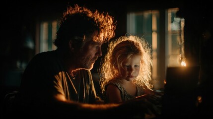 Obraz premium Father and Daughter Bonding Over Computer at Home, Evening Light