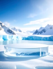 Frozen Ice Platform with Glacier Background under a Bright Blue Sky Isolated Background
