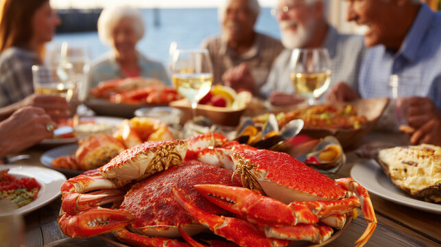 Delicious Crab Feast with Family and Wine at Festa do Marisco, Celebrating Traditional Seafood Cuisine and Coastal Culture at Sunset Gathering - Powered by Adobe