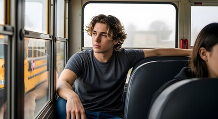 Teenager student on school bus looking out window travel journey thoughtful ride home from school commute 100